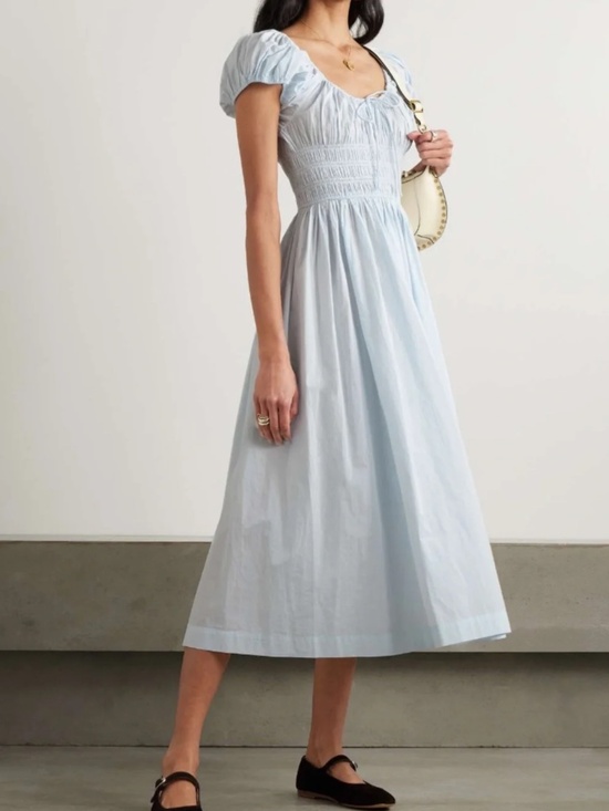 Doen Dresses & Skirts - Doen Quinn Tie Detailed Shirred Organic Cotton Poplin Midi Dress in Alice Blue